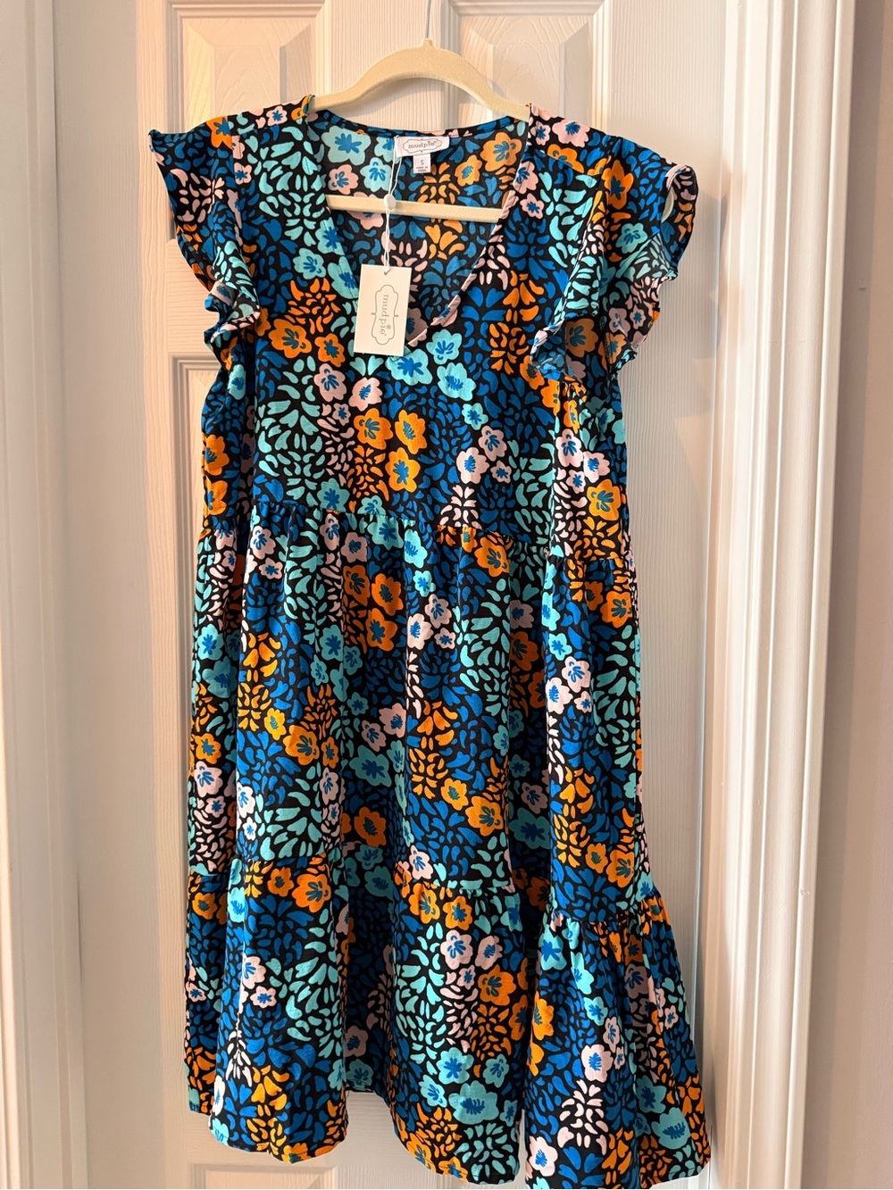 Mud Pie Blue Multi Floral Flutter-Sleeve Dress